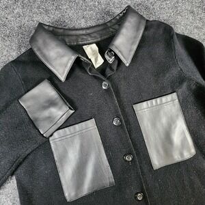 Joie Women's‎ XS Shacket Black Faux Leather Pockets & Collar Button Up Shirt